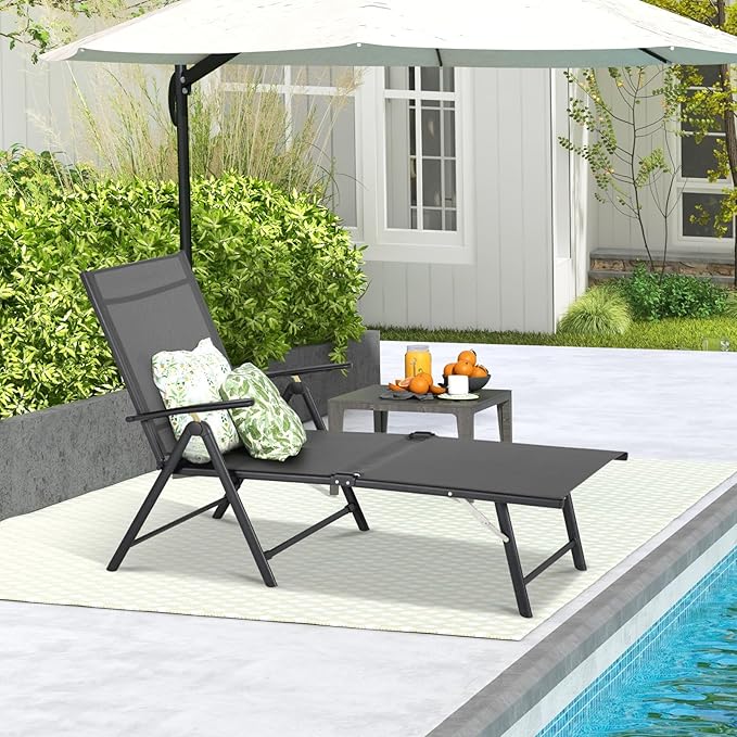 Esright Outdoor Chaise Lounge Set of 2, Adjustable Reclining Folding Pool Lounger for Poolside, Outside/370lb Weight Capacity, Grey