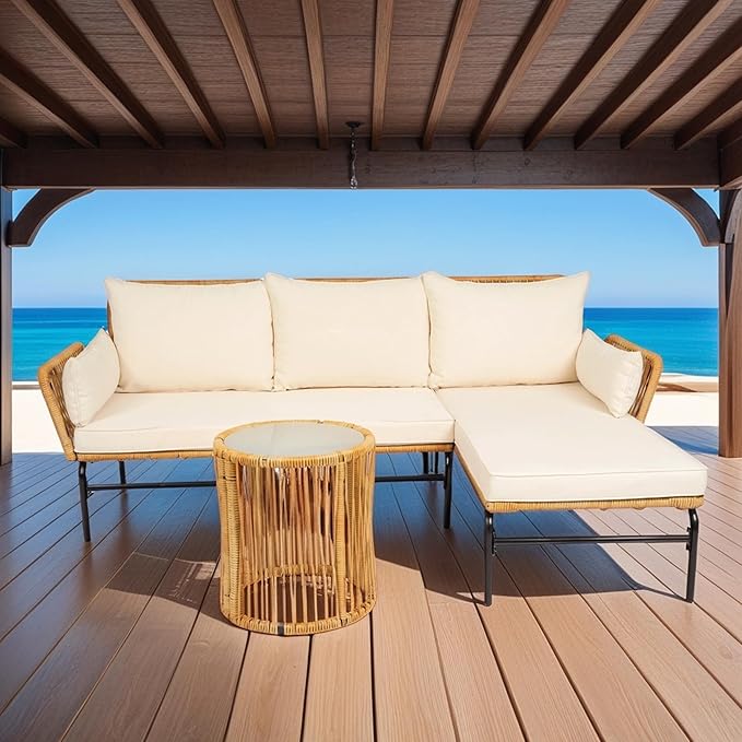 Quarte 3 Pieces Outdoor Patio Wicker Furniture Sets,L-Shaped Seating Group Conversation Sofa Sets with Table for Porch Lawn Garden Backyard Poolside