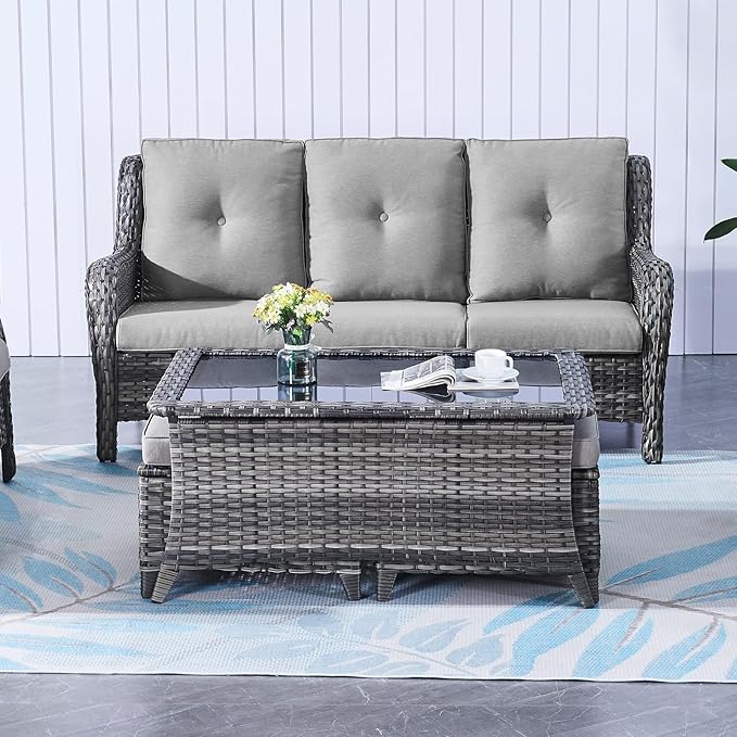 Belord Outdoor Coffee Table with Tempered Glass Top, Patio Rectangular Mixed Grey Wicker, Handwoven Rattan Coffee Table Compatible with Patio Furniture Sets for Porch Deck Backyard