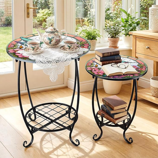 2 Pcs Outdoor Side Table Small Patio Round Mosaic Accent End Table Indoor Plant Metal Coffee Tea Tables for Patio Yard Porch Garden Living Room(12" and 16",Hummingbird Style)