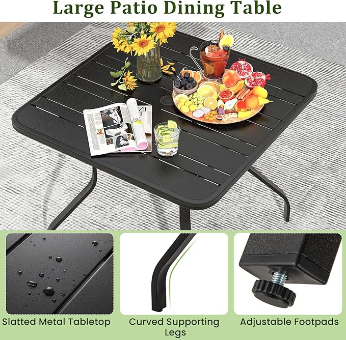 Tangkula 37” Outdoor Dining Table for 4, Square Patio Bistro Dining Table with 1.57” Umbrella Hole and Metal Frame, Outdoor Patio Table for Balcony, Garden and Backyard