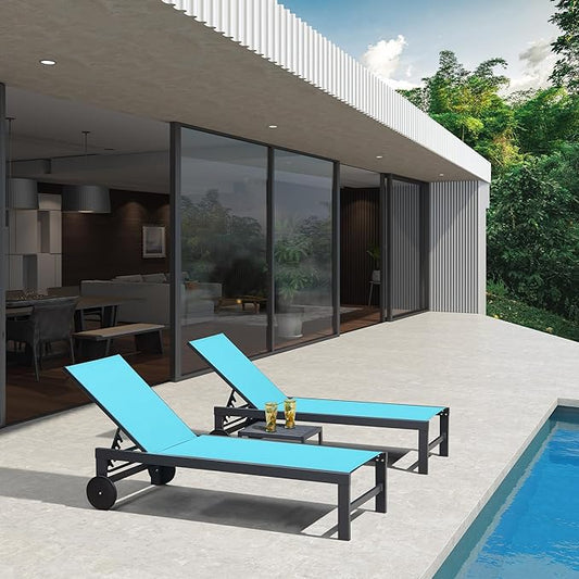 PURPLE LEAF Outdoor Chaise Lounge with Wheels for Outside 2 Pieces Aluminum Patio Lounge Chair with 5 Adjustable Position Recliner for Patio, Beach, Yard, Pool, Side Table Included,Turquoise Blue