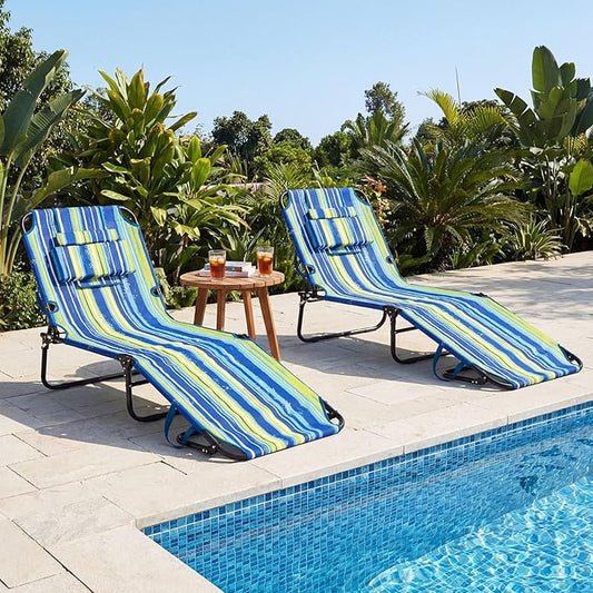 Tangkula Beach Lounge Chair, Folding Sunbathing Recliner with Face Hole, Face Down Tanning Chair with 4-Level Adjustable Backrest & 3 Removable Pillows, Chaise Lounge Chair for Patio (2, Stripe)
