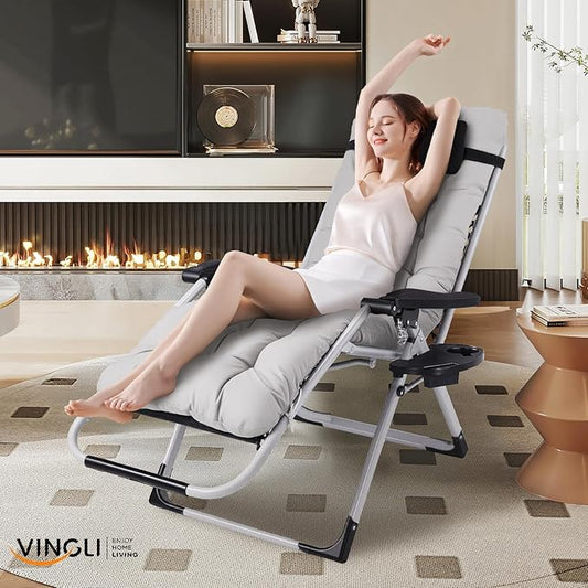 VINGLI Padded Zero Gravity Chair, Lounge Chair with Removable Cushion & Tray, Folding Reclining Patio Chairs, Recliner Chair for Lawn,Indoor and Outdoor