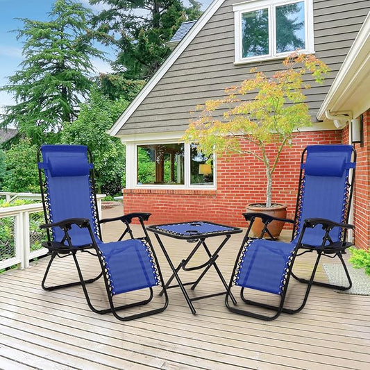 Athena Collection Zero Gravity Outdoor Lounge Chair Set of 2 with Side Table, 25" Width Pool Lounge Lawn Chairs Reclining with Cup Holder, Outdoor Chaise for Beach Patio Backyard Outside, Blue