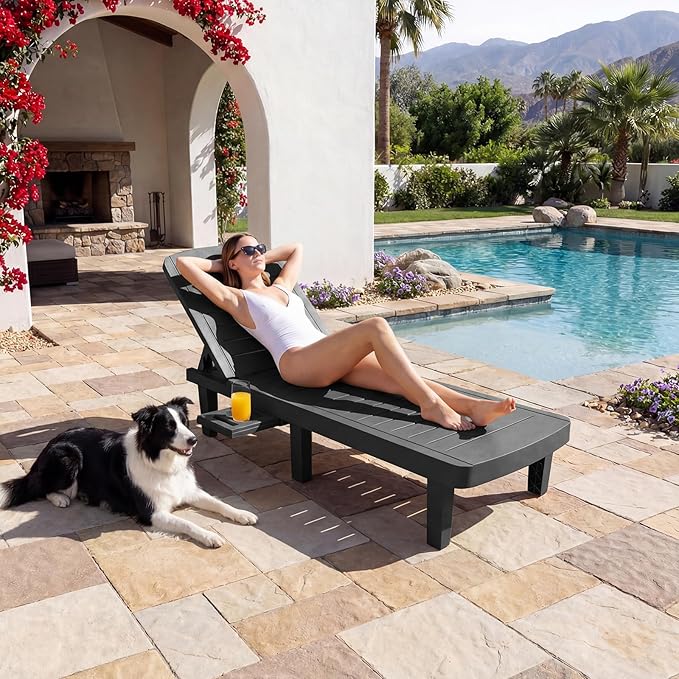 Outdoor Chaise Lounge Set of 4, 5-Position Adjustable Sun Lounge w/Pull-Out Tray, Waterproof PP Lounge Chairs for Outside, Lounge Chairs for Poolside, Patio, Beach, Yard in All Weather,Black
