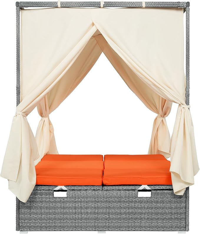 Patio Chaise Lounge, Gray PE Rattan Outdoor Patio Wicker Sunbed Daybed with Adjustable Seats, Four-sided Canopy, Overhead Curtain and Orange Cushion for Backyard, Garden, Poolside (for 2-6 people)