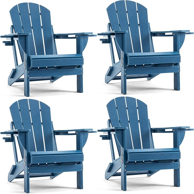 Folding Outdoor Adirondack Chairs Set of 4 with High&Reclining Back-HDPE Weather Resistant Patio Chairs with Cup and Phone Holder for Patio,Fire Pit, Garden and Backyard