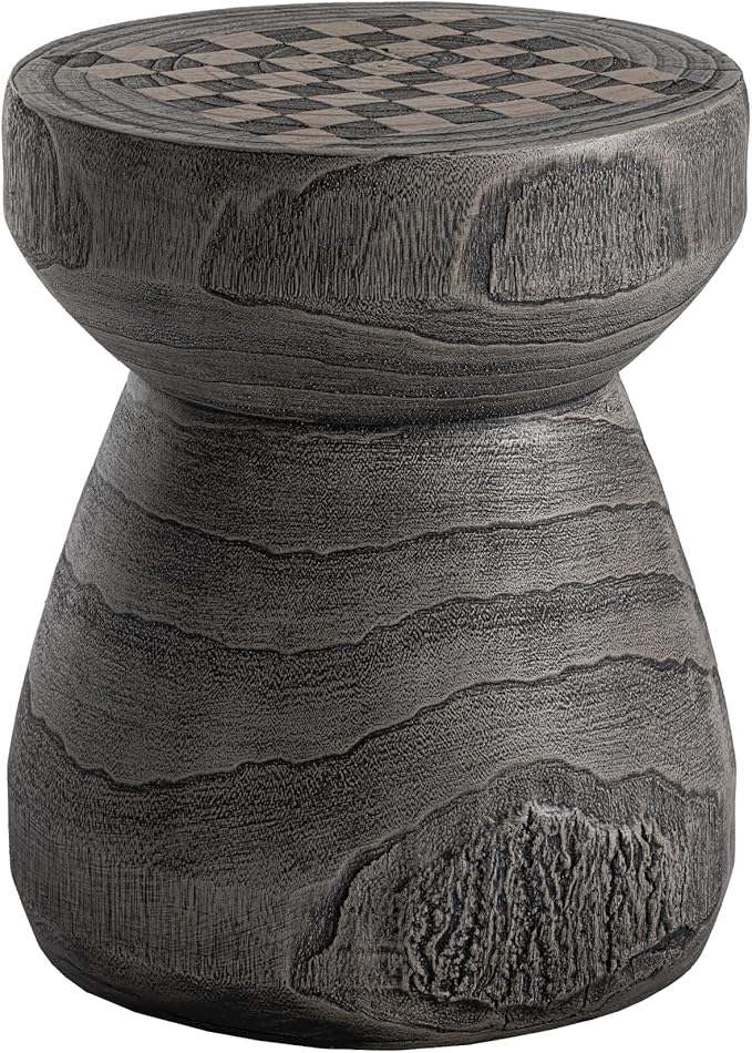 HOMPUS Outdoor Side Table with Checkerboard Grain Tabletop, Concrete Patio Table Mushroom Shaped, MgO Lightweight Round End Table Modern Vintage Round Coffee Table for Indoor Outdoor Use, Grey