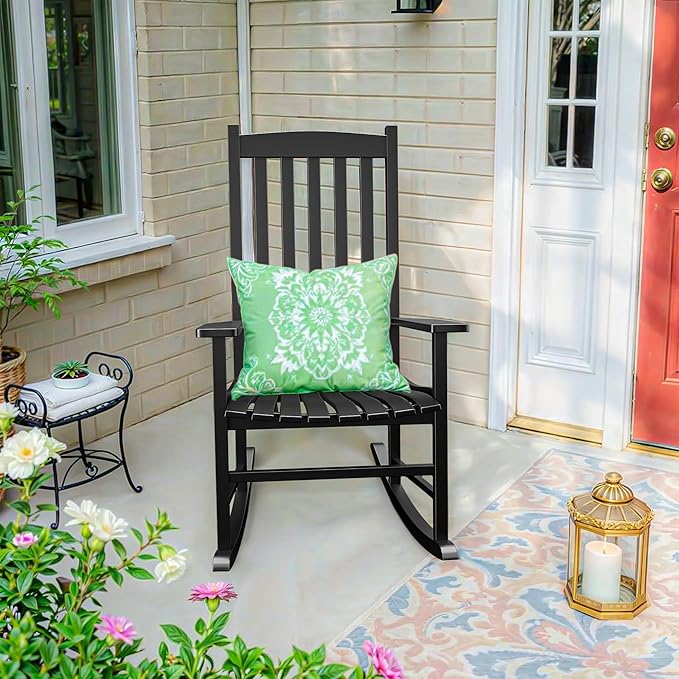 SUPER DEAL Outdoor Wood Rocking Chair for Porch, All Weather Resistant Outdoor Indoor Patio Rocker Chair, Black