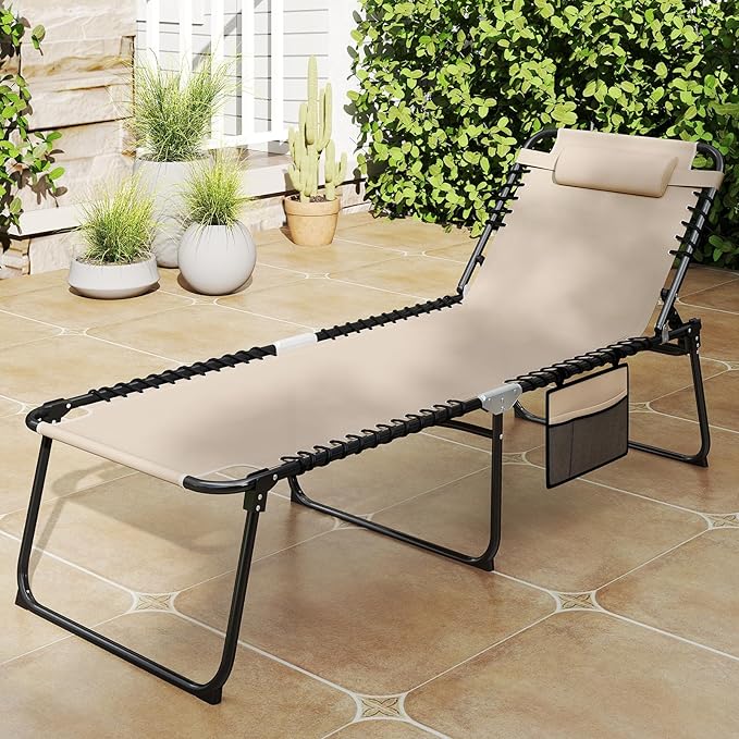 Goplus Extra Large Lounge Chair Outdoor, 27” Wide Folding 5-Position Tanning Chair with Detachable Pillow, Side Pocket, 16” High Chaise Lounger, 440LBS Capacity, Patio Lounge Chair for Yard Pool Yard