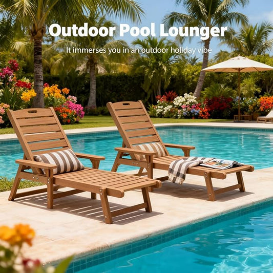 Psilvam Adjustable Chaise Lounge Chair - 350lb Capacity All-Weather Poly Lumber Recliner for Poolside, Patio, Porch - Light Brown