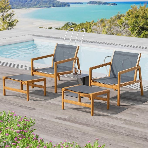 Greesum 4 Piece Furniture Outdoor Acacia Wood Chair with Ottoman for Porch, Balcony, Deck, Patio, Backyard, Gray - Photo 1