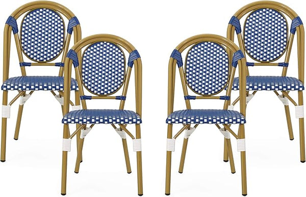 Christopher Knight Home Gwendolyn Outdoor French Bistro Chairs (Set of 4), Blue + White + Bamboo Print Finish - Photo 1