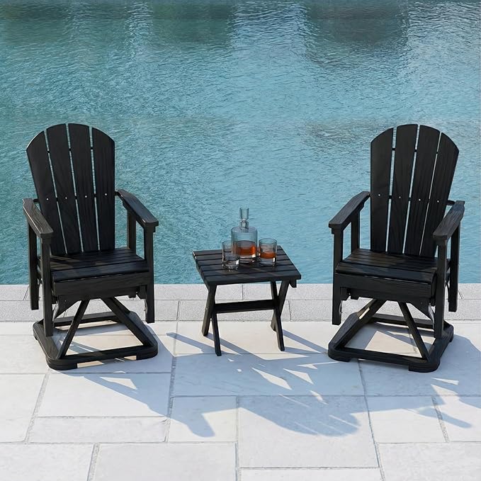 HDPE Swivel Glider Chair Set of 2 with Folding Side Table, Wooden Textured Adirondack Outdoor Swivel Chairs for Porch, Balcony, Poolside, Backyard (Black&Teak)