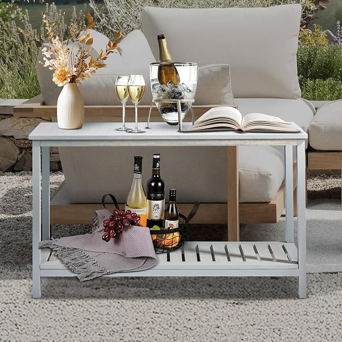 VINGLI 49in Solid Wood Outdoor Console Table, 2-Shelf Wooden Outdoor Accent Plant Table Multifunctional Buffet Bar Storage Organizer for Indoor Patio Porch and Entryway (Gray)