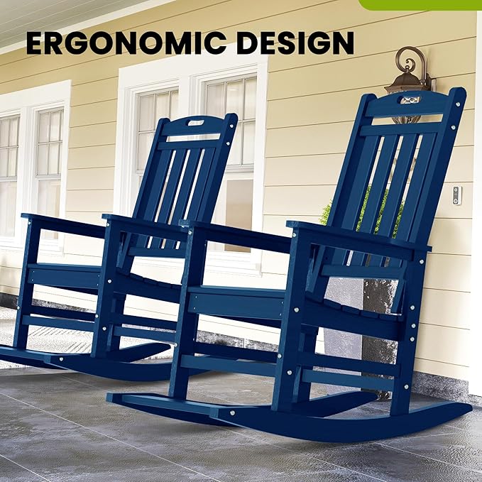 LOUNZY Outdoor Rocking Chair with Footboards Set of 6, HDPE Rocking Chair Patio Porch Rocker with 380lbs Support for Adult, Navy