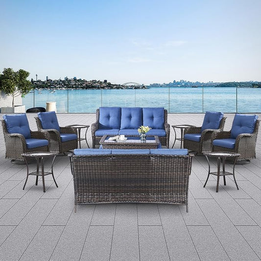 Belord 13 Piece Wicker Patio Furniture Set, Outdoor Swivel Rocker Chairs Set of 4 with Ottomans and Rattan Couch, All Weather Patio Conversation Furniture Set, for Pool,Yard Brown Wicker/Blue