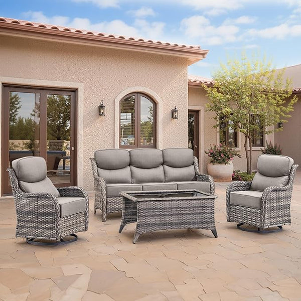Swivel Patio Chairs sofa Set of 4 with 6" Thick Cushion - Wicker Outdoor Swivel Rocker Patio Chair ,Sofa/Glass coffee - Photo 1