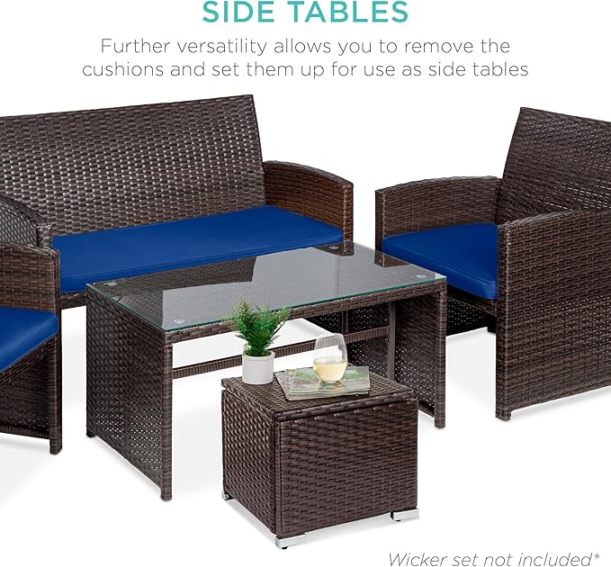 Best Choice Products Set of 2 Wicker Ottomans, Multipurpose Outdoor Furniture for Patio, Backyard, Additional Seating, Footrest, Side Table w/Storage, Removable Cushions - Navy/Brown