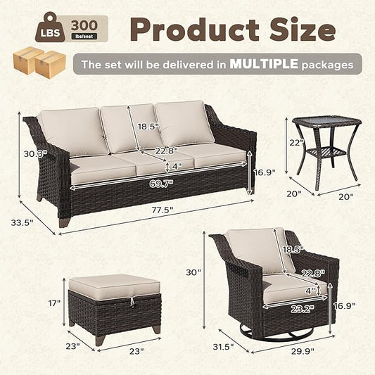 9 Pieces Patio Conversation Furniture Set - 1 Sofa, 2 Ottomans, 4 Swivel Chairs, 2 Side Tables, Outdoor Wicker Furniture with Removable Cushionsfor Porch, Balcony, Sunroom (Beige)