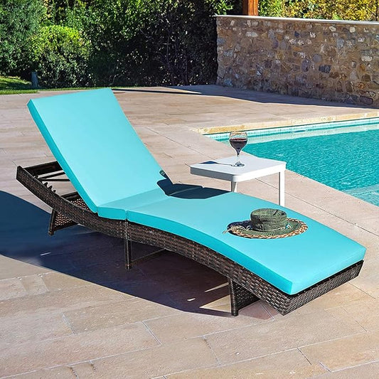 BETTARY Outdoor Folding Chaise Lounge, Rattan Patio Lounge Chair w/Removable Soft Cushion, 5 Adjustable Levels, Reclining Wicker Sunbed for Garden/Poolside/Balcony (1, Turquoise)