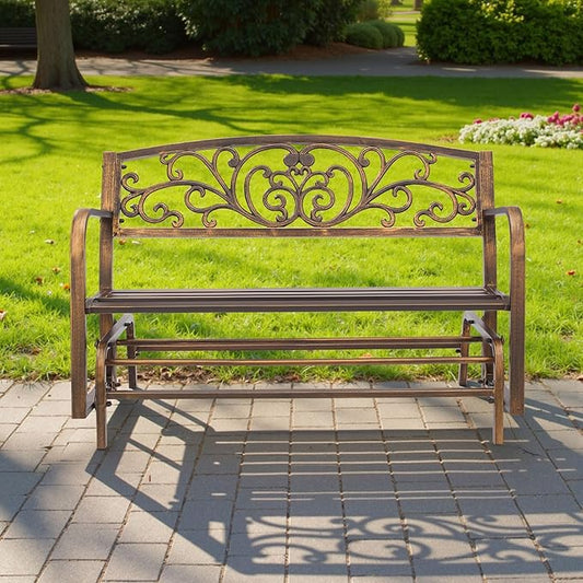 VEVOR Outdoor Bench, 50 inch, Carbon Steel Metal Frame with Cast Iron Backrest and Round Edge Armrests, Weatherproof Outside Glider Bench for Patio, Garden, Park, Yard, Front Porch, Antique Bronze