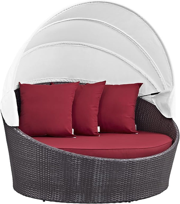 Modway Convene Wicker Rattan Outdoor Patio Retractable Canopy Round Poolside Sofa Daybed in Espresso Red - Photo 1