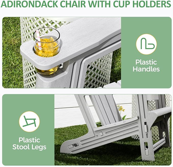 FONTOI Adirondack Chair, Outdoor Weather Resistant Lawn Furniture, Plastic Adirondack Chair with Cup Holder, 400 LBS Capacity Recliner, Garden Backyard Patio Without Screws Install, Grey