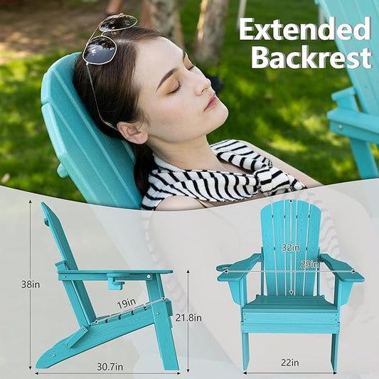Plawdlik Folding Adirondack Chair Set of 6 with Cup Holder,Wooden Textured ,Heavy All-Weather HDPE Comfortable Set Poolside Backyard Lawn, Aruba Blue