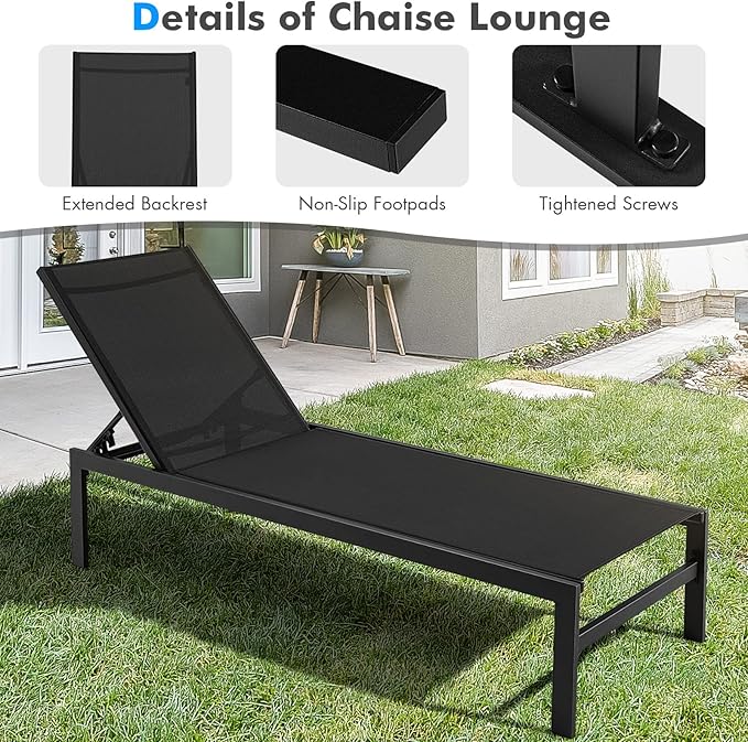 COSTWAY Lounge Chair Outdoor, Aluminum Frame Chaise Lounge with 6-Position Adjustable, Breathable Fabric, Lightweight Patio Pool Lounger for Tanning (2, Black)