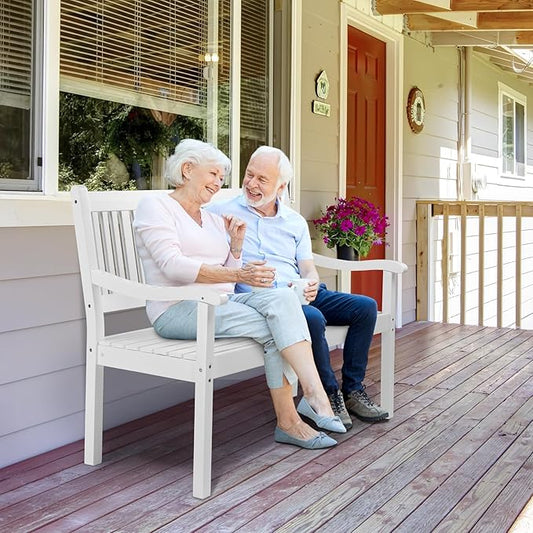 VINGLI 50" Outdoor Wood Bench, Weatehr Resistant Wooden Garden Patio Bench with Comfortable Backrest & Curved Armrest, 800lb Capacity Loveseat for Front Porch Park Yard Deck (White, Dense Slatted)