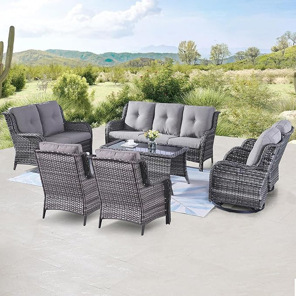 Belord 7 Piece Wicker Patio Furniture Set, Outdoor Swivel Rocker Chairs Set of 2 with Ottomans, 3 Seat Sofa and Loveseat - Photo 1