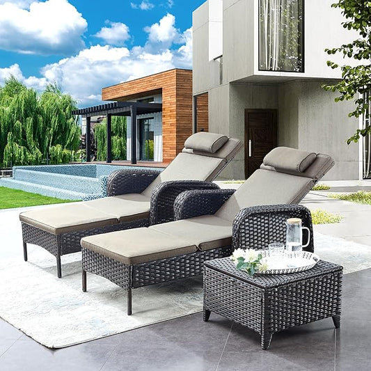 Belord Outdoor Chaise Lounge Patio Recliner - 75 Inch Adjustable Wicker Chaise Lounge with Soft Pillow Removable Cushions, All Weather Rattan Pool Lounge Chair for Poolside Deck Grey/Grey