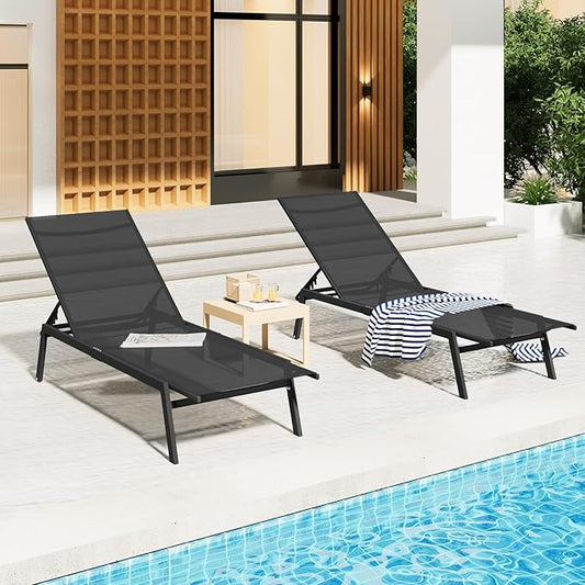 AECOJOY Patio Lounge Chairs for Outside, Adjustable Outdoor Chaise Lounge with Wheels and Adjustable 5-Position Recliner for Pool, Beach, Backyard, Deck, Lawn, Black, 2PCS