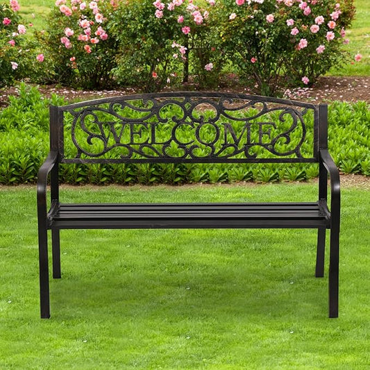 Outdoor Garden Bench Metal Furniture Chair Porch Chair for Yard & Park, Bronze