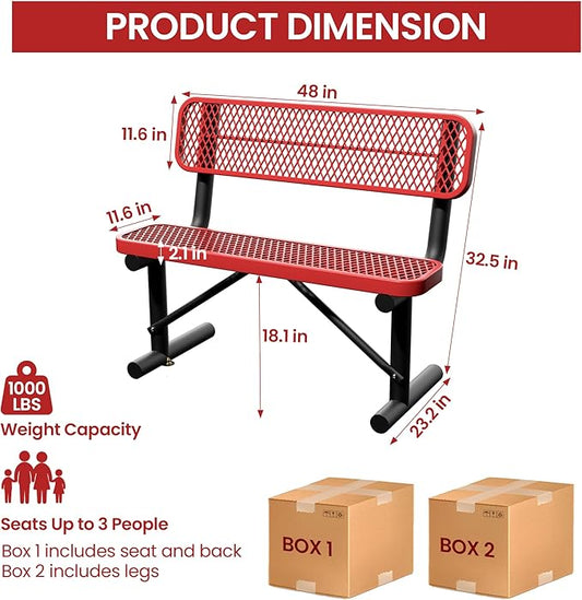 4 Feet Steel Park Bench for Outside, Outdoor Bench with Backrest & Portable Frame, Commercial Benches for Shopping Malls, Stores, Parks, Patios, Decks, Red