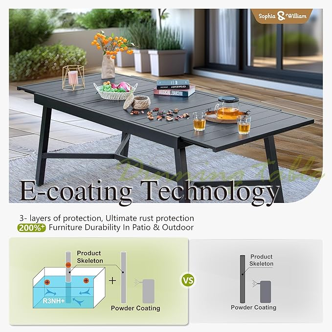 Sophia & William Patio Table Metal Outdoor Dining Table with E-Coating for 6-8 Person Lawn Garden Deck Rectangular Extendable Table