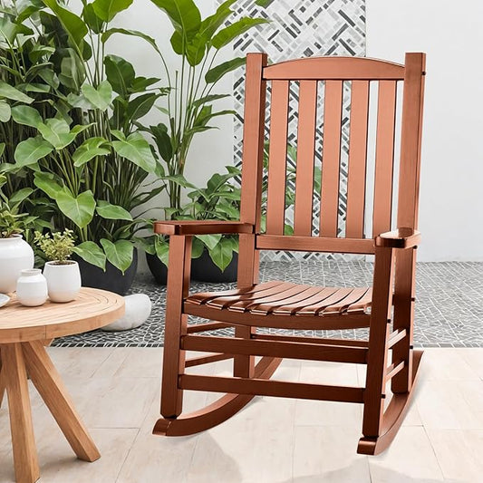 Wooden Outdoor Rocking Chair, Oversized Patio Rocking Chair w/400lbs Support & High Backrest | Porch, Lawn, Garden, Backyard,Natural
