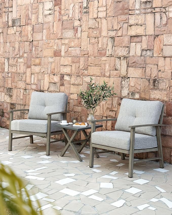 Aluminum Patio Furniture Set, 3 Pieces Outdoor Patio Bistro Set with Washable Thick Cushions, All Weather Patio Conversation Set with Coffee Table for Porch, Balcony, Lawn, Limed Oak