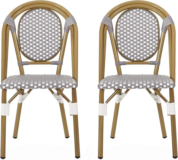 Christopher Knight Home Gwendolyn Outdoor French Bistro Chairs (Set of 2), Gray + White + Bamboo Print Finish - Photo 1
