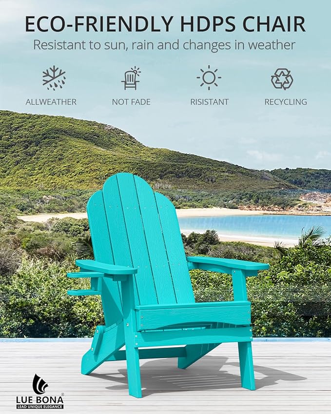 LUE BONA Folding Adirondack Chair, Chairs Set of 2, Cup Holder, Woodgrain, Fire Pit, Patio, Pool, Aruba Blue