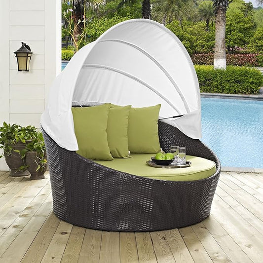 Modway Convene Wicker Rattan Outdoor Patio Retractable Canopy Round Poolside Sofa Daybed in Espresso Peridot