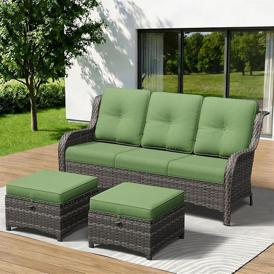 3-Piece Outdoor Couch Set, Include Wicker Patio Sofa with Thickened Olefin Cushions, High Back and Deep Seating, Hand-Woven PE Rattan and 2 Ottomans, Patio Conversation Set for Porch, Deck
