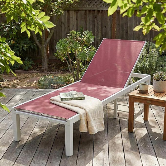 LeisureMod Marlin Aluminum Outdoor Chaise Lounge Chair - Mesh Sling Fabric Seat White Aluminum Frame Beach, Pool Lounge Chair for Modern Patio Lawn, Garden and Backyard (Burgundy)