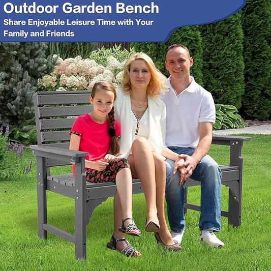 Outdoor Bench Weatherproof - HDPE 2-Person Garden Bench with Cup Holders, Bench Furniture with Backrest and Armrests, 700 lbs Capacity, Patio Park Bench for Front Porch Backyard Park (Grey)