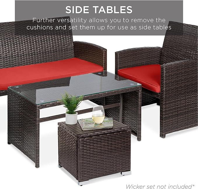 Best Choice Products Set of 2 Wicker Ottomans, Multipurpose Outdoor Furniture for Patio, Backyard, Additional Seating, Footrest, Side Table w/Storage, Removable Cushions - Red/Brown