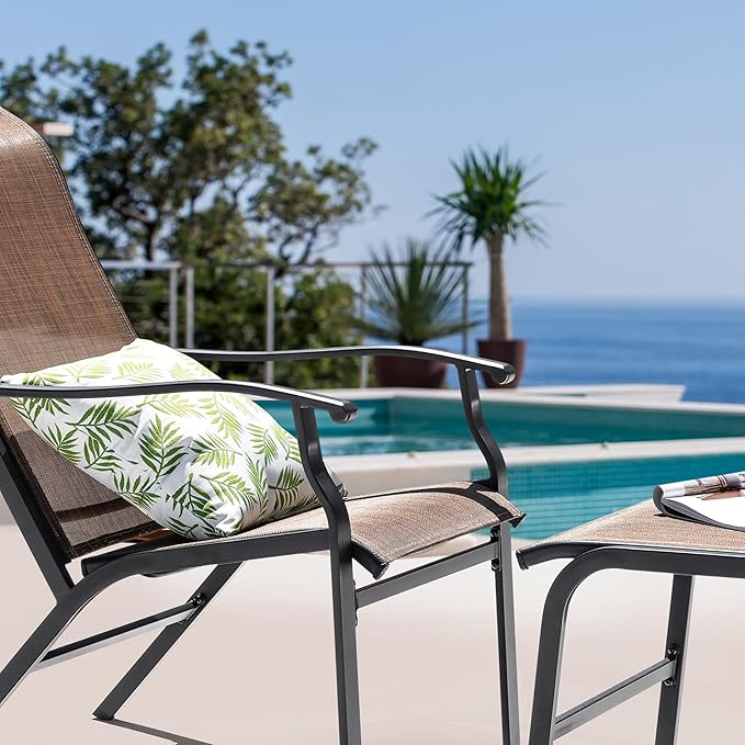 NUU GARDEN Outdoor Patio Chair, Patio Dining Chair with Ottoman, All-Weather Textilene Chair with Metal Frame, Outdoor Portable Chairs for Patio, Backyard, Deck, Brown