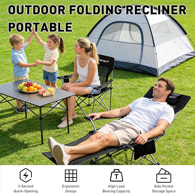 Zero Gravity Chair, Reclining Camping Chair with Padded Pillow, Cup Holder, Storage Pocket & Carry Bag, 4-in-1 Portable Camping Recliner for Outdoor, Beach, Garden, and Backyard - Black Mesh
