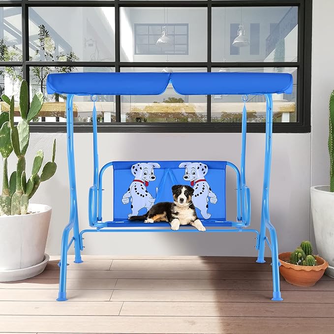 KOTEK Kids Patio Swing, 2-Seater Outdoor Hanging Bench with Adjustable Canopy, Safety Belt & Curved Armrest, Kids Swing Chair with Stand for Backyard, Garden, Lawn, Porch (Blue Puppy)
